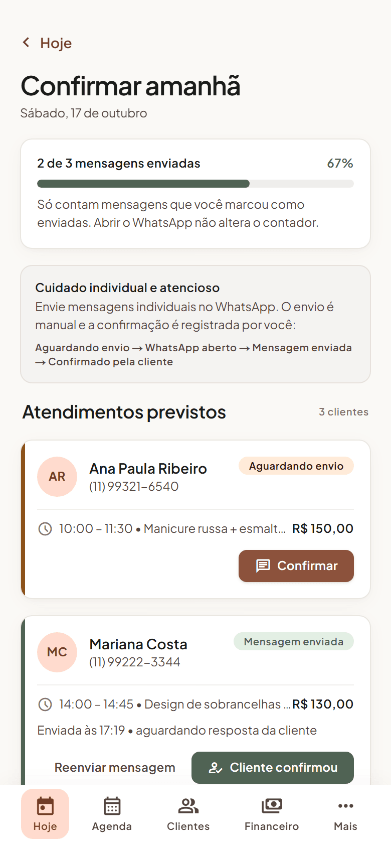 Lista de confirmações de amanhã pelo WhatsApp