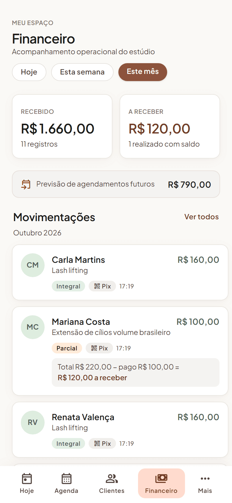 Financeiro com recebidos e valores a receber